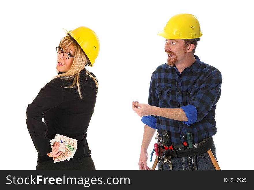 Construction worker and businesswoman with earnings on white background