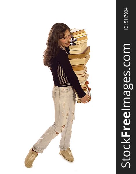 Young student girl with her books on white