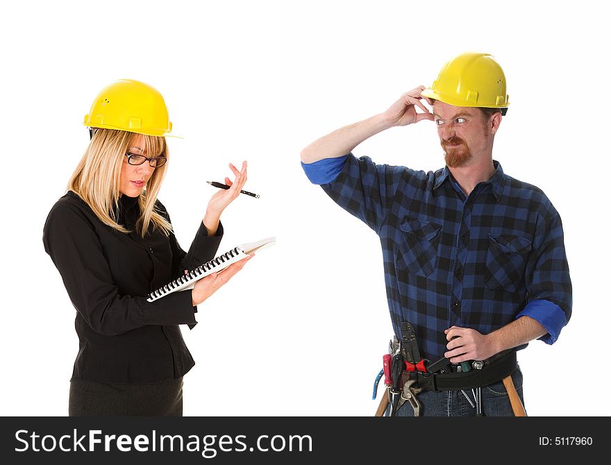 Architect and construction worker with architectural plans