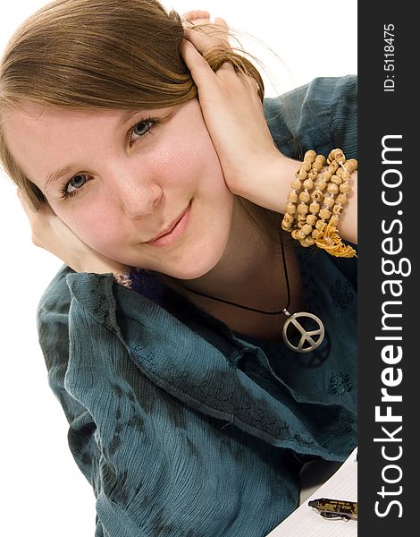 Young hippie girl portrait on white background