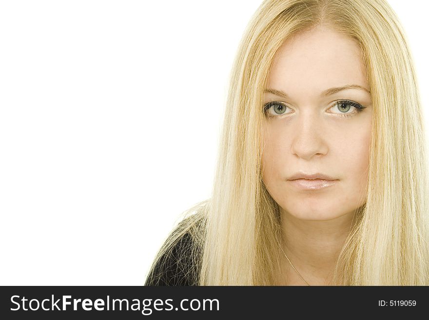 Blond woman dressed in a black shirt.Close up. Copy space. Blond woman dressed in a black shirt.Close up. Copy space