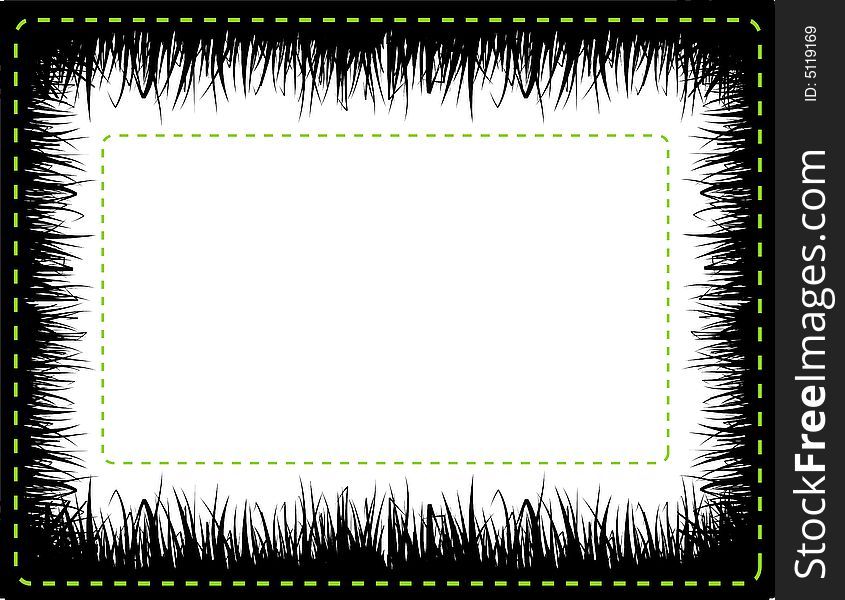 Vector frame illustration, on white background with grass silhouette and green dashed lines. Vector frame illustration, on white background with grass silhouette and green dashed lines.