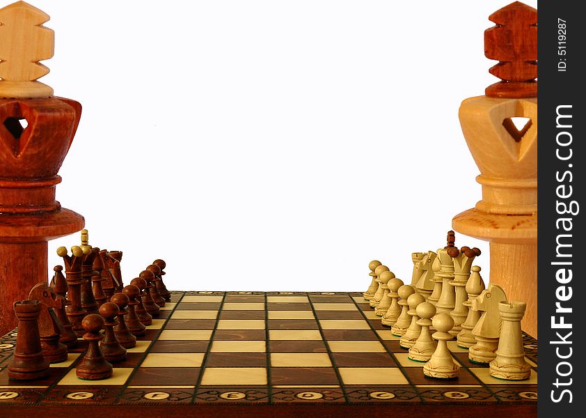 Chessboard flanked by two kings, white background. Chessboard flanked by two kings, white background