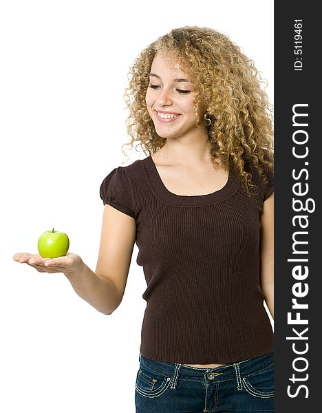 A beautiful young women holding an apple