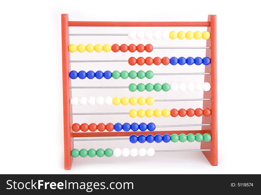 Abacus with red, yellow,blue,green and white in it on a white backgrond