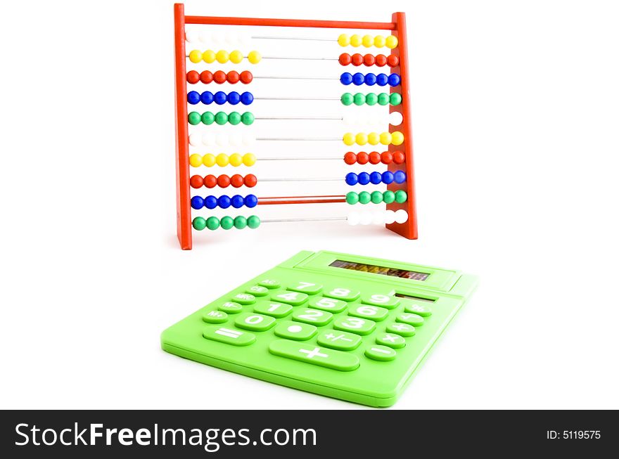 Abacus and calculator isolated on a white background