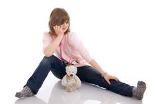 The Young Girl With A Teddy Bear Isolated Stock Photography
