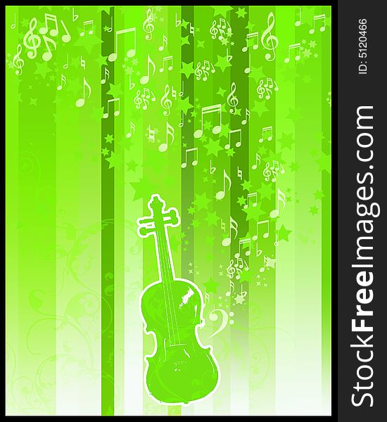 Retro style violin with stars and musical notes on green background. Retro style violin with stars and musical notes on green background