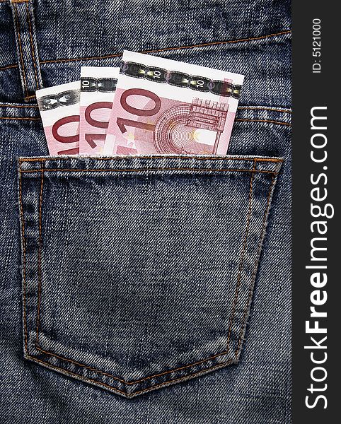 Pocket Money In Blue Jeans - Three Ten Euro Notes. Pocket Money In Blue Jeans - Three Ten Euro Notes