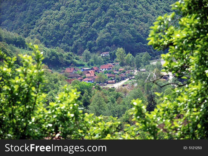 Small village in valley through leaves frame in Serbia