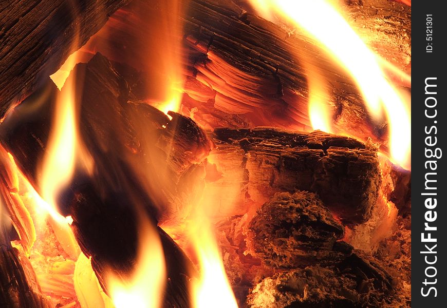 Detail of burning wood - fire place.