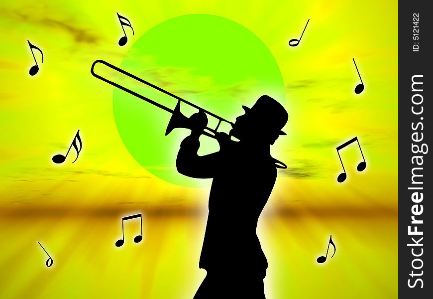 A trumpet player in the sunset against the sun