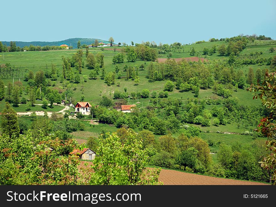 Houses, meadow and trees over green hill Serbia. Houses, meadow and trees over green hill Serbia