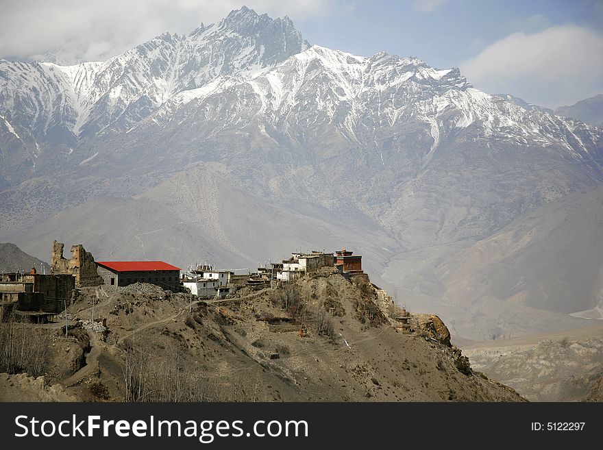 View of Jharkot village and surrounding mountains from muktinath, annapurna, nepal