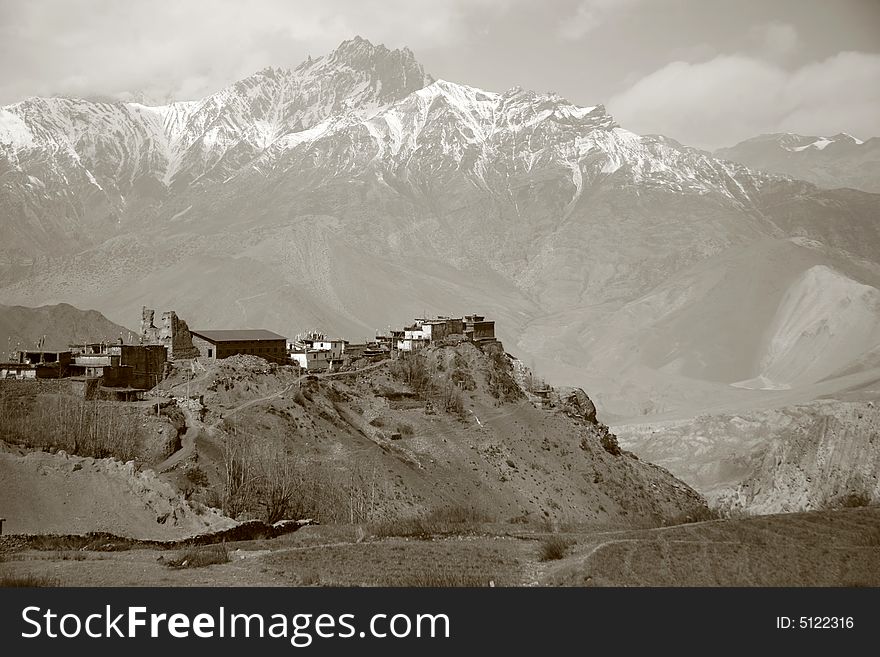 View of Jharkot village and surrounding mountains from muktinath, annapurna, nepal