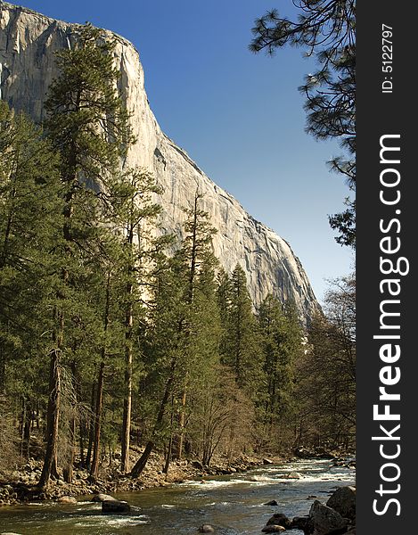 Merced River in Yosemite Valley on a sunny day