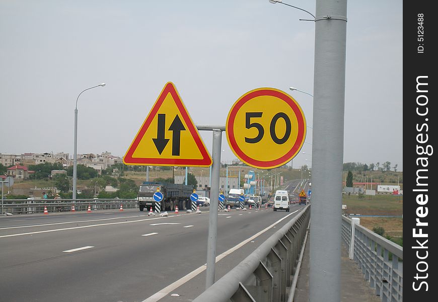 Traffic signs established on the bridge for traffic safety. Traffic signs established on the bridge for traffic safety