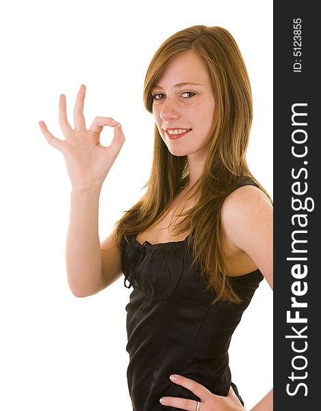 Beautiful young business lady indicating the all ok sign, isolated on white.