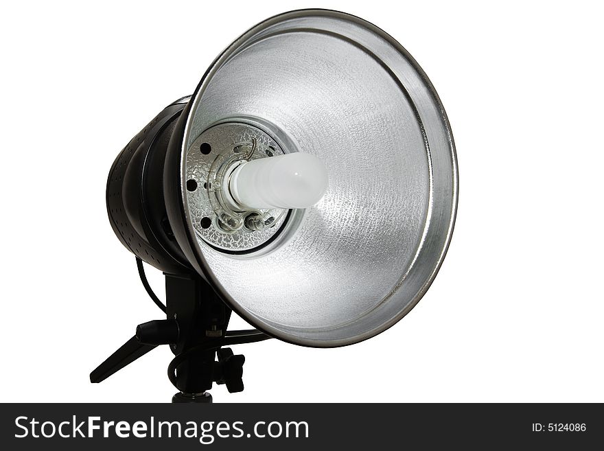 Modern powerful photographic flash on a white background