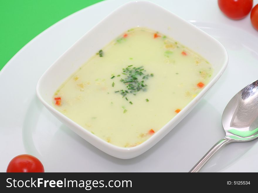 A soup meal of fresh vegetables and spices