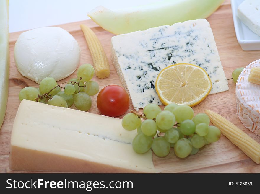 A big plate with different kinds of cheese