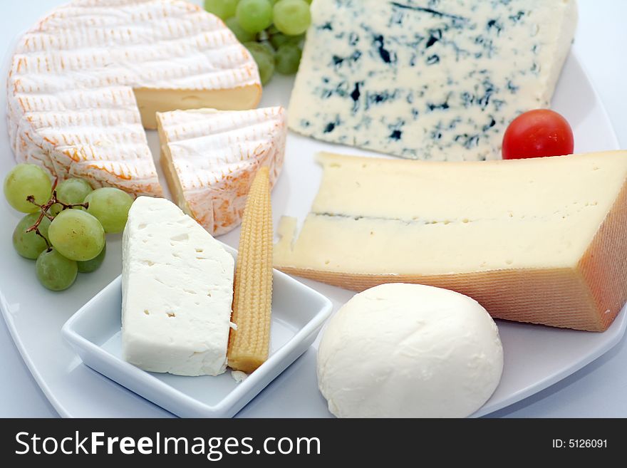 A plate with a lot of different cheeses