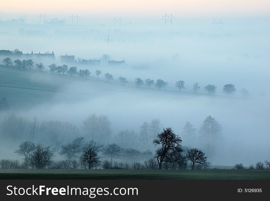 The lines of trees and fields in morning fog