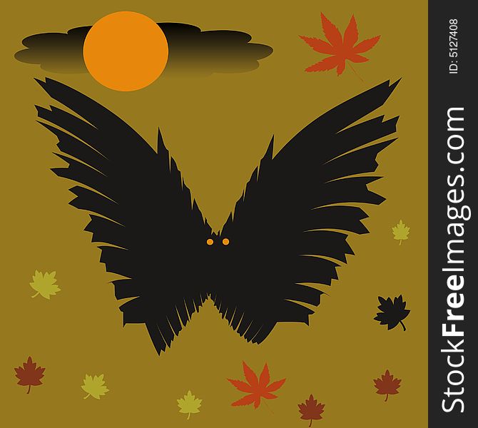 Spooky black bat with moon and autumn leaves. Spooky black bat with moon and autumn leaves