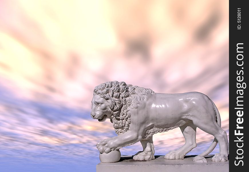 Sculpture of a white lion on a background of the pink sky