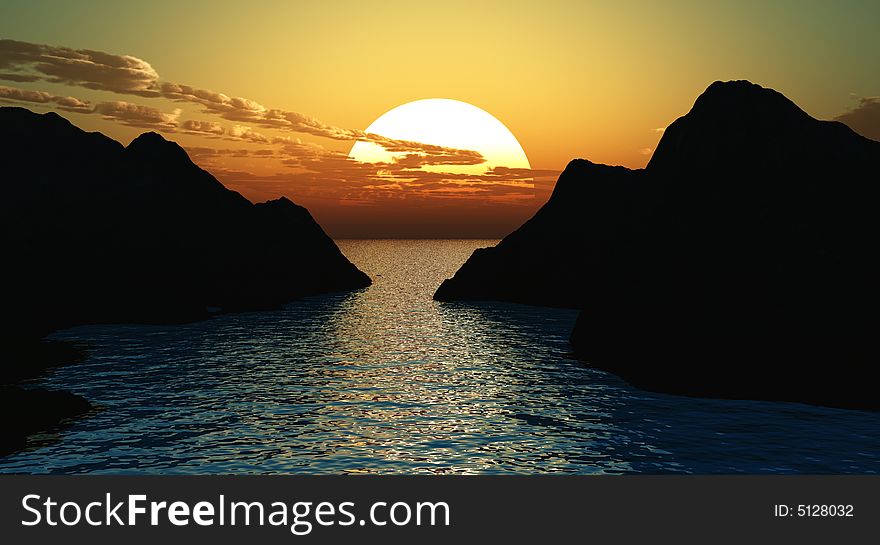 Sunset at rocky sea coast - digital artwork. Sunset at rocky sea coast - digital artwork