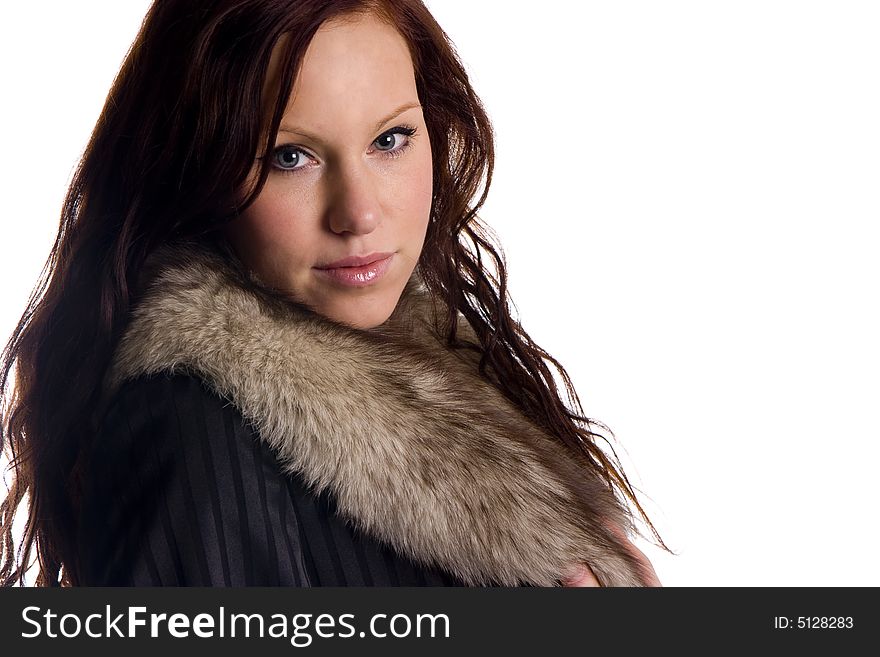 One young model in fur on whitle