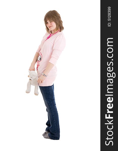 The young girl with a teddy bear isolated on a white background