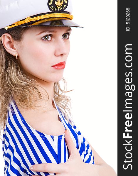 Sea captain in striped clother and her captain  hat. Isolated in white. Sea captain in striped clother and her captain  hat. Isolated in white