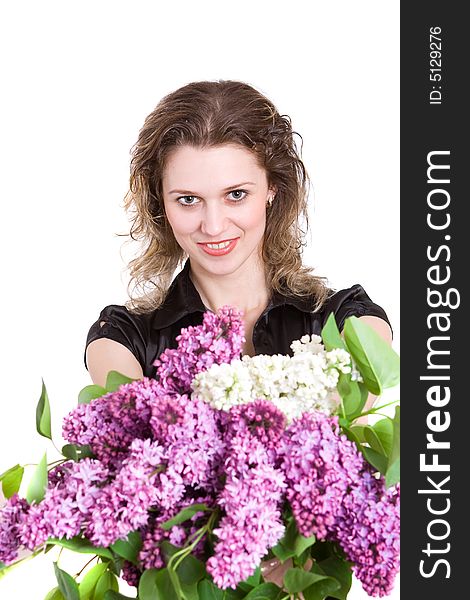 Young woman move her hands with lilac. Isolated in white. Young woman move her hands with lilac. Isolated in white