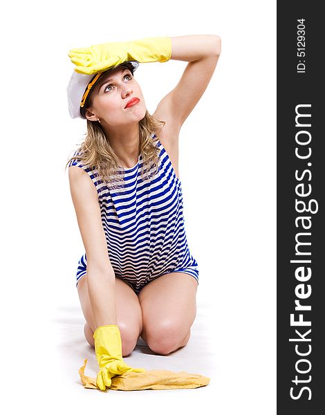 Sailor in striped clother and hat, have a rest after washing deck. Isolated in white. Sailor in striped clother and hat, have a rest after washing deck. Isolated in white