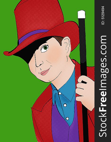 Illustration of a pop art guy in a tophat with a cane.