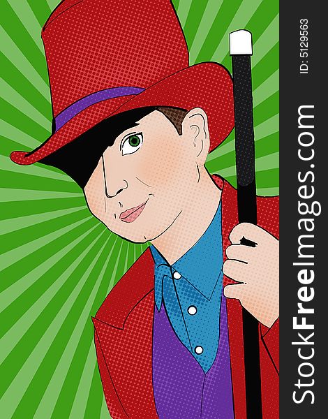 Illustration of a pop art guy in a tophat with a cane.