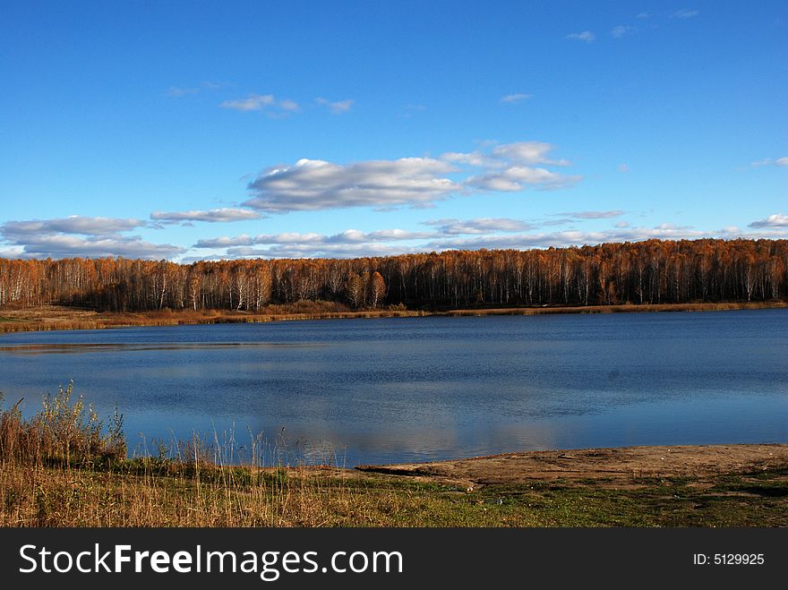 Small lake, autumn forest, clouds