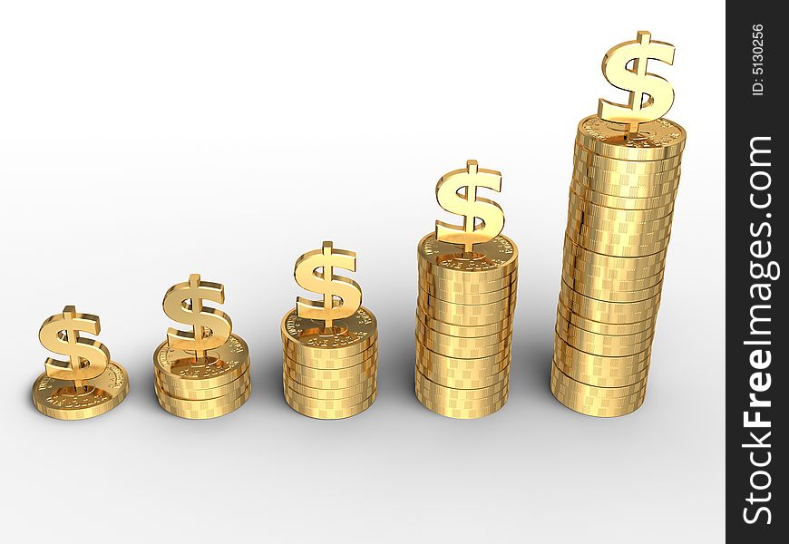 Isolated 3d render of money stacks on white background. Isolated 3d render of money stacks on white background