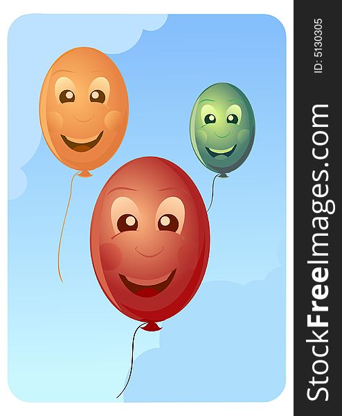 Vector illustration of smiling balloons in the sky