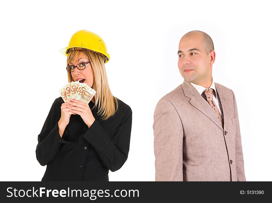 Businesswoman with earnings and businessman