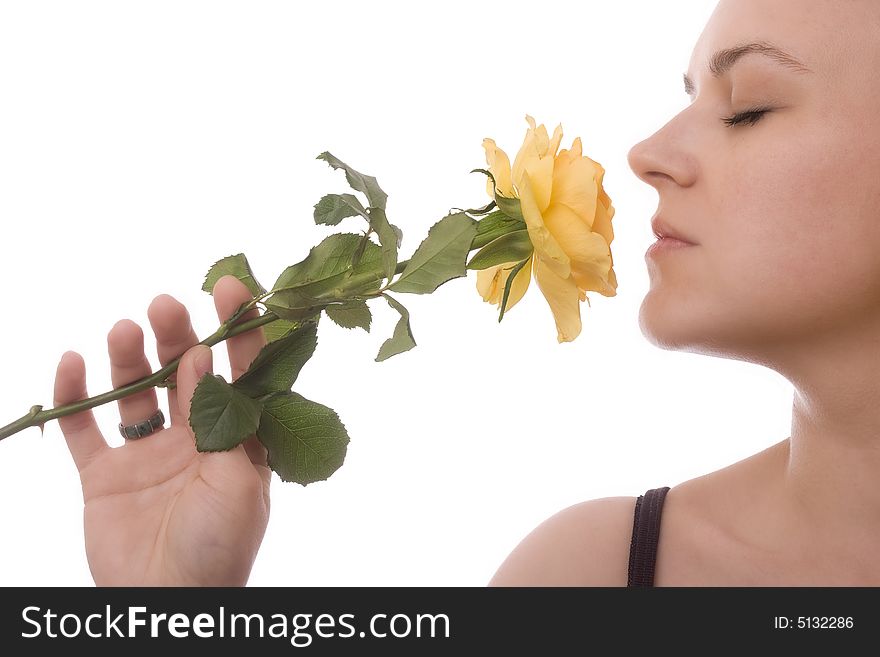 Beautiful young woman with rose isolated on white background. Beautiful young woman with rose isolated on white background.