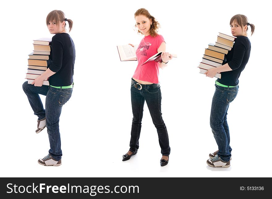 The three young student with a books isolated on a white background