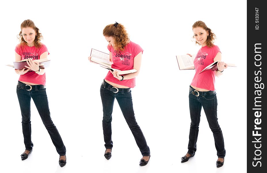 The three young student with a books isolated on a white background