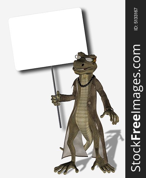 3D rendered lizard holding a blank sign with clipping path. 3D rendered lizard holding a blank sign with clipping path