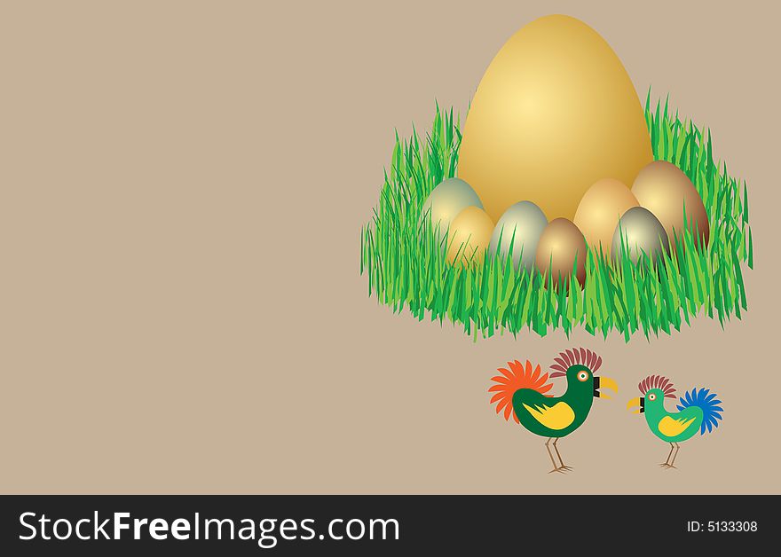 Colored illustration with golden egg, grass and colored birds