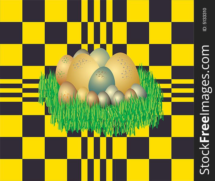 Abstract colored illustration with colored eggs on fresh grass. Abstract colored illustration with colored eggs on fresh grass
