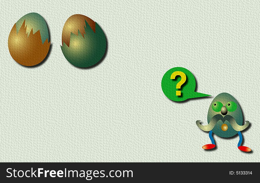 Abstract colored background with two broken eggs and a wondering egg. Abstract colored background with two broken eggs and a wondering egg