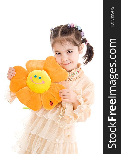 The young girl with flower isolated on a white