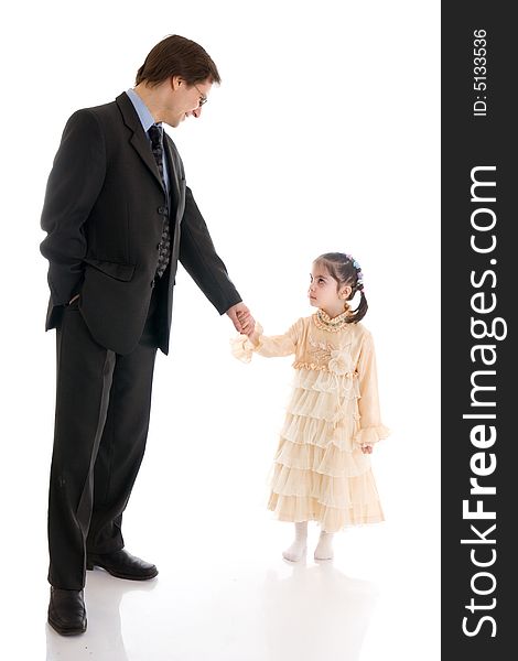 The young father with the daughter isolated on a white background